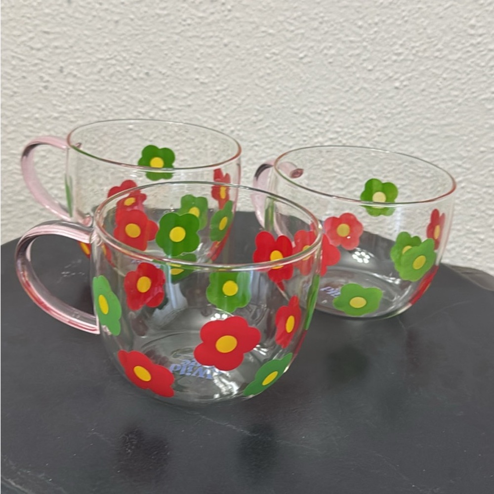 Wild Sage Floral Glass Mugs with Red and Green Flowers x3